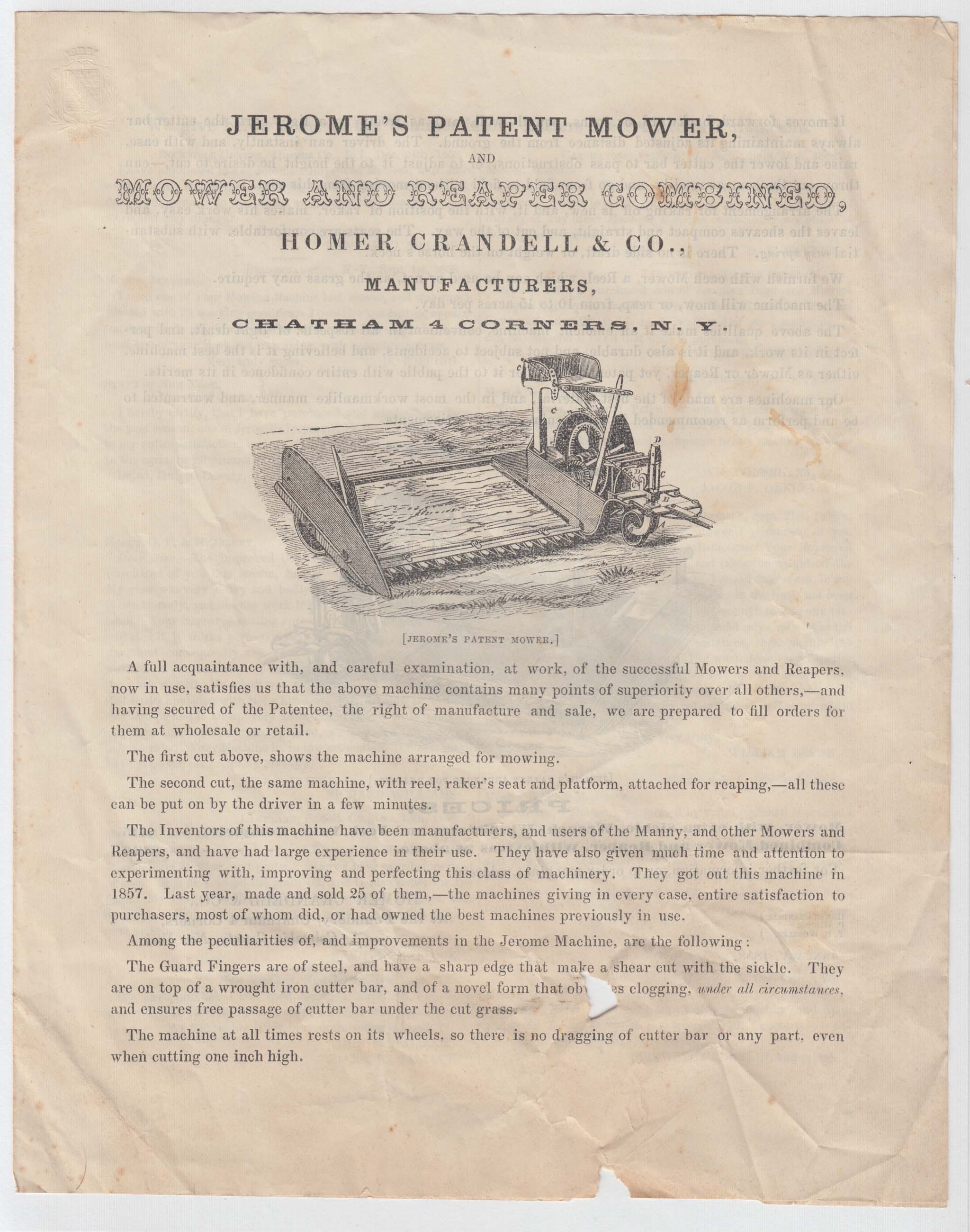 HBC002, 1859-01 Advertising Brochure for Jerome's Patent Mower Mfd by Homer Crandell & Co